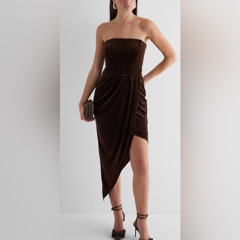 NWT Express Velvet Strapless Corset Asymmetrical Midi Sheath Dress